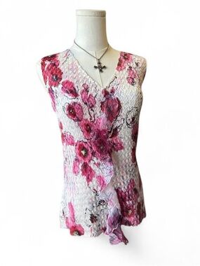 Vintage y2k Crinkle Bubble V-Neck Floral Accordion Front Eclectic Grandma Large